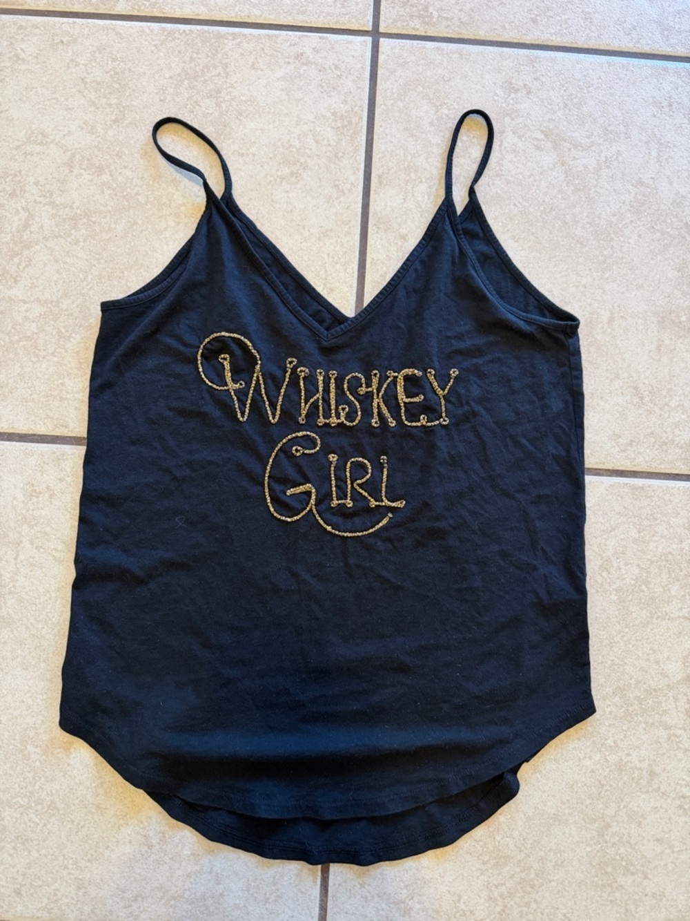 Shyanne Black Spaghetti-Strap Tank with Gold Beaded Script